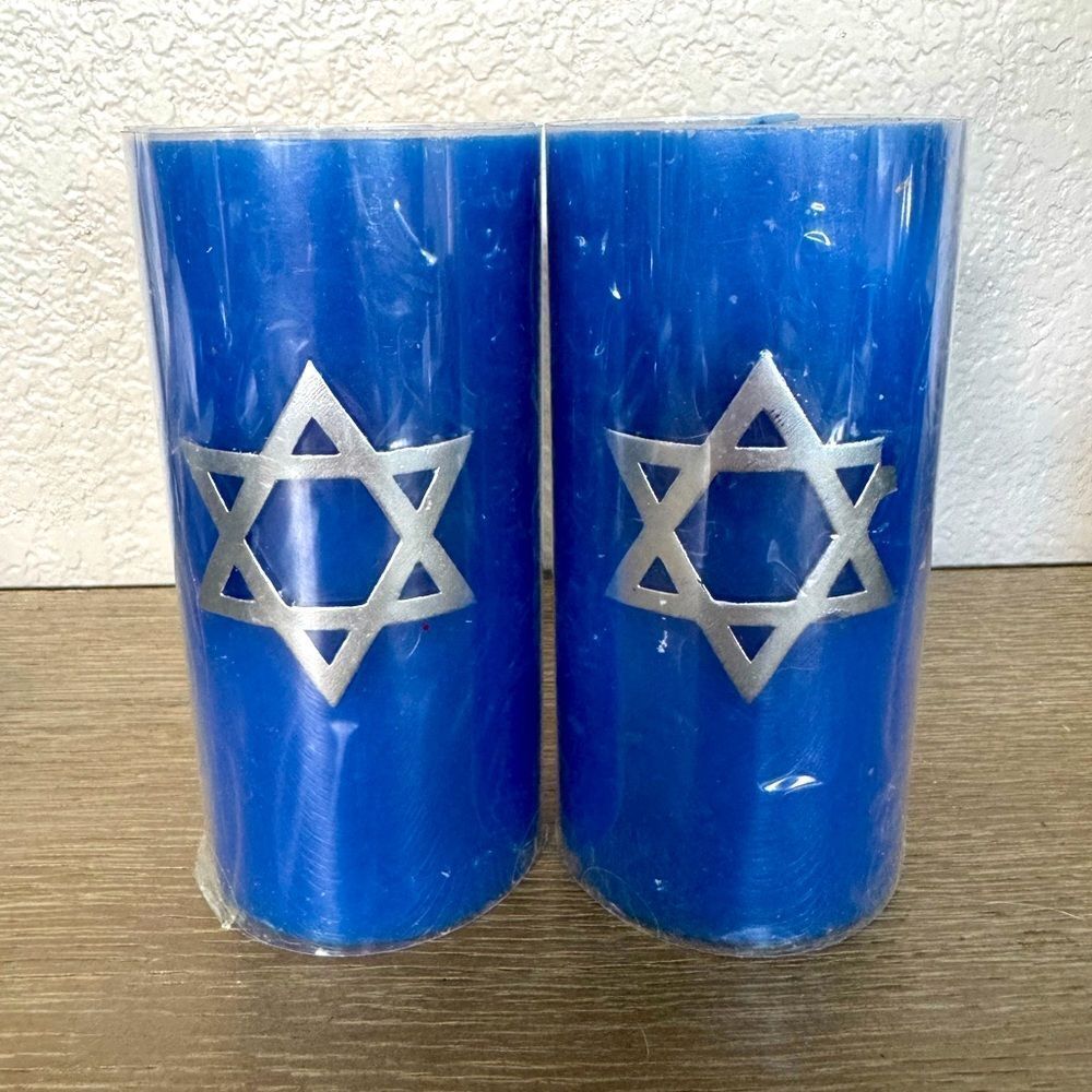 Israel Jewish Hanukkah Star Blue Pillar Candles Set